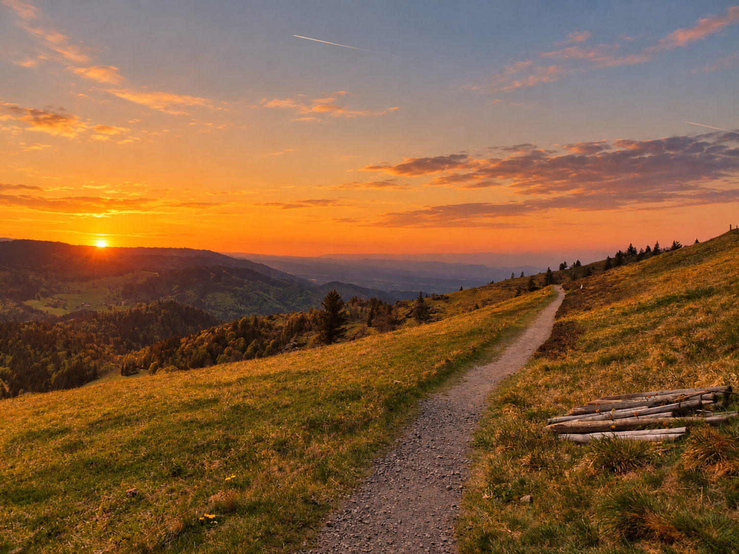 Sonniger Bergpfad durch eine grüne Wiese